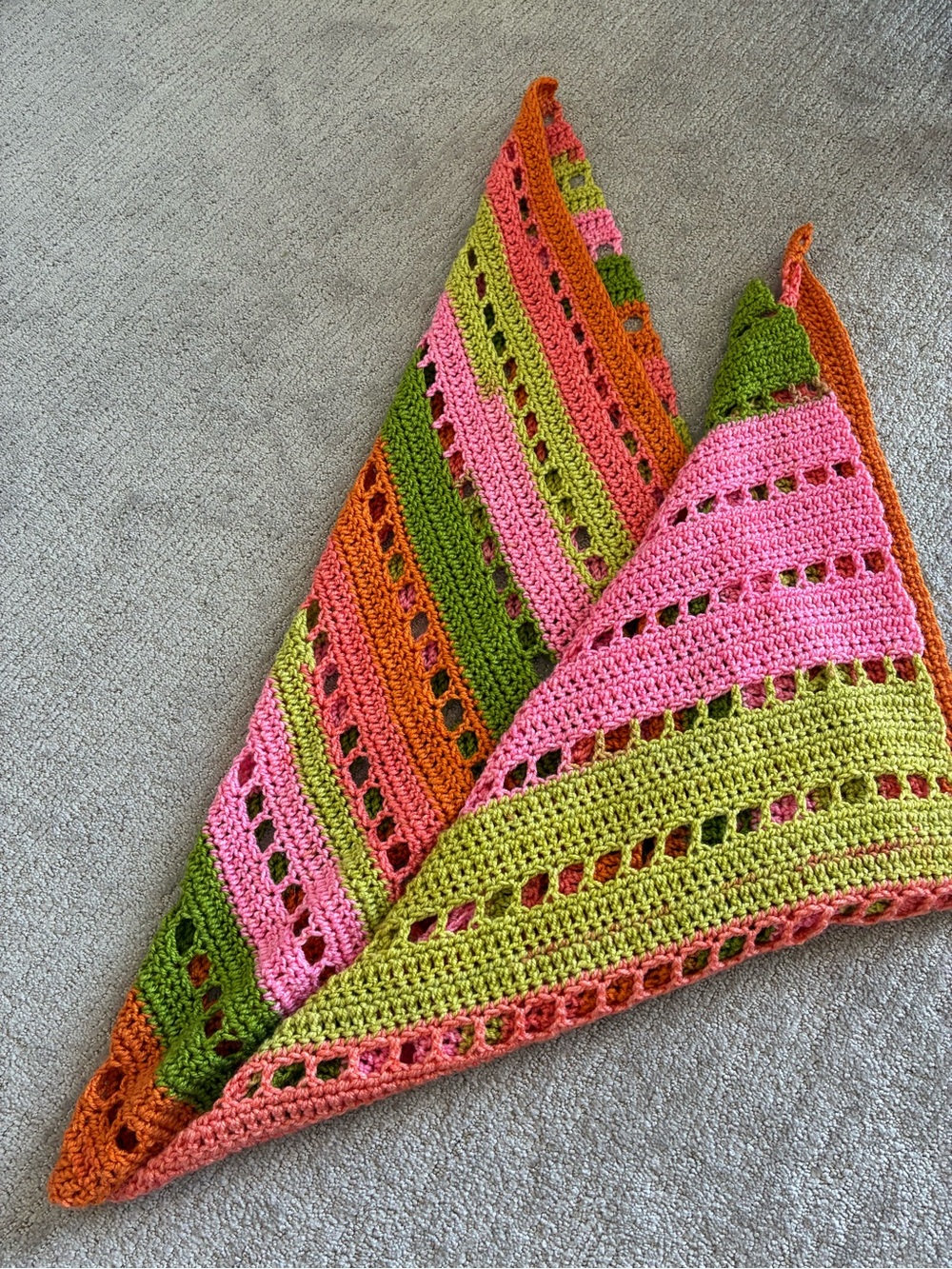 Vintage Hand Crocheted Crochet Triangle Shawl in Pink, Green & Orange
